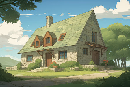 stone-built farmhouse with a gabled entry and the green landscape around, magazine style illustrationの素材