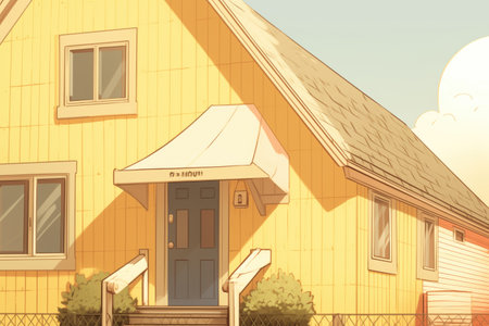 close-up of gabled entry on a pale yellow farmhouse, magazine style illustrationの素材