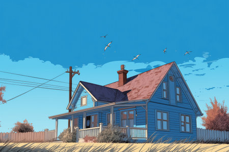 blue farmhouse with gabled entry under a clear sky, magazine style illustrationの素材
