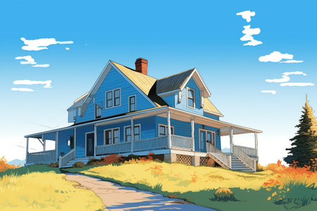blue farmhouse with gabled entry under a clear sky, magazine style illustrationの素材