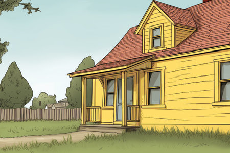 square frame, close-up of farmhouses yellow gabled entry, side view, magazine style illustrationの素材