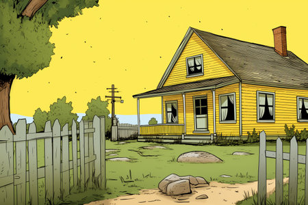 square frame, close-up of farmhouses yellow gabled entry, side view, magazine style illustrationの素材