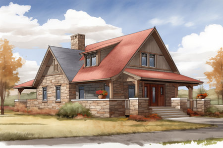 sandstone farmhouse showcasing a high gabled front entry, magazine style illustrationの素材
