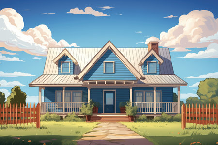 sky-blue farmhouse with centered gabled front door, magazine style illustrationの素材