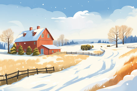 farmland scenario, farmhouse and barn in snowy landscape, magazine style illustrationの素材