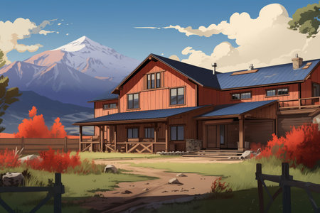 farmhouse with barn addition against mountainous backdrop, magazine style illustrationの素材