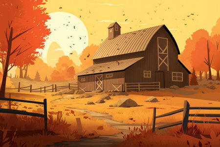 farmhouse with barn addition encircled by an autumnal forest, magazine style illustrationの素材