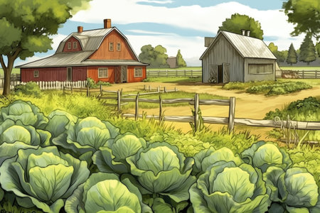 vegetables garden in front of farmhouse and barn, magazine style illustrationの素材