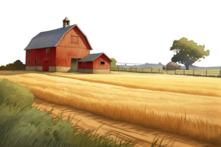 red barn next to a classic farmhouse amidst fields, magazine style illustrationの素材