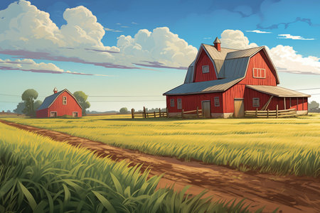 red barn next to a classic farmhouse amidst fields, magazine style illustrationの素材