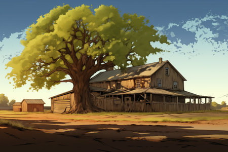 a large tree casting shadows over farmhouse with barn addition, magazine style illustrationの素材