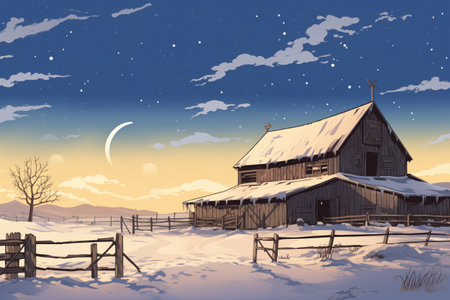 snow-covered barn-inspired farmhouse under a clear, winter sky, magazine style illustrationの素材