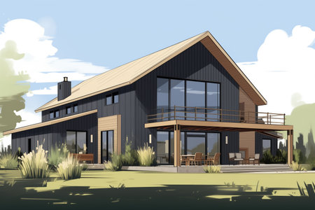 modern barn-inspired farmhouse with sleek lines and minimalistic design, magazine style illustrationの素材