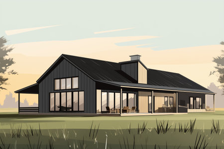 modern barn-inspired farmhouse with sleek lines and minimalistic design, magazine style illustrationの素材