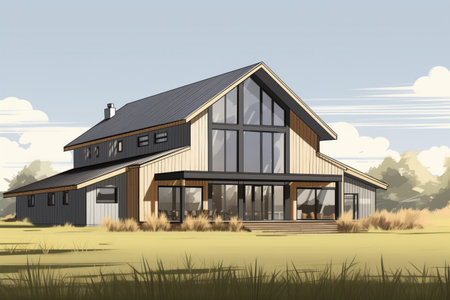 modern barn-inspired farmhouse with sleek lines and minimalistic design, magazine style illustrationの素材