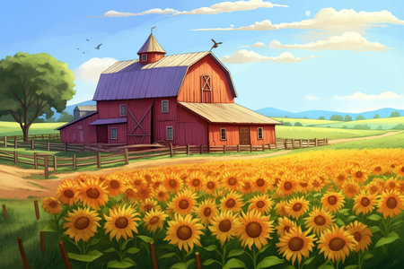 farmhouse with barn-style annex and surrounding sunflower field, magazine style illustrationの素材