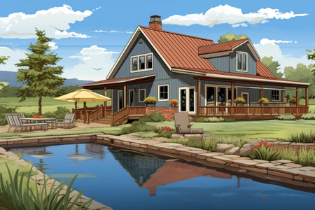 farmhouse with barn addition featuring wooden deck and backyard pond, magazine style illustrationの素材