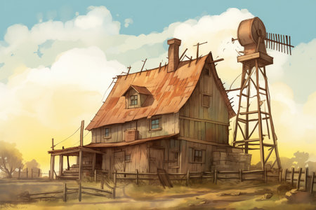 old windmill towering above the barn-inspired farmhouse, magazine style illustrationの素材