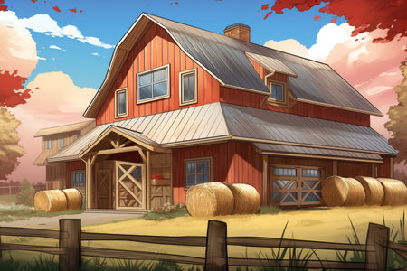 farmhouse with barn addition featuring double doors and traditional hayloft, magazine style illustrationの素材
