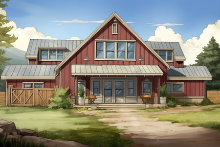 farmhouse with barn addition featuring double doors and traditional hayloft, magazine style illustrationの素材