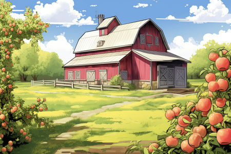 farmhouse with barn-style addition amidst blooming apple orchard, magazine style illustrationの素材