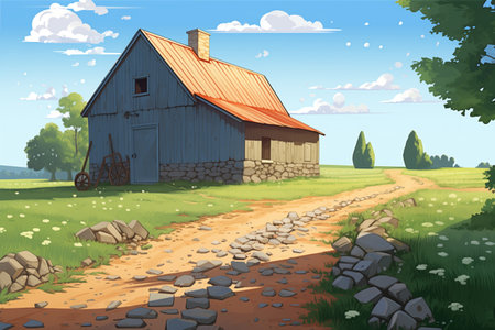 gravel path leading to a farmhouse with sizeable barn-inspired extensions, magazine style illustrationの素材