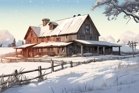 snow-covered farmhouse with barn-inspired wooden extensions, magazine style illustrationの素材