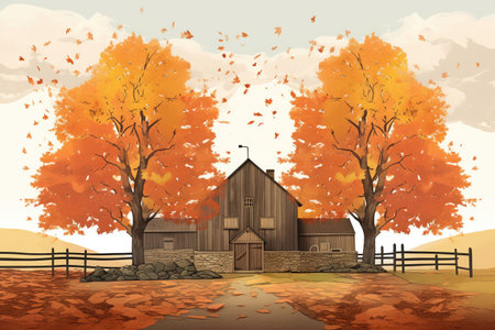 autumnal trees surrounding a stone farmhouse with barn-like additions, magazine style illustrationの素材