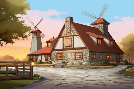 farmhouse with barn-inspired windmill addition and a large cobblestone driveway, magazine style illustrationの素材