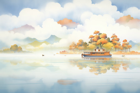 misty view of ferry on tranquil lakeの素材