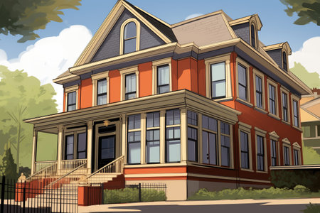 angular shot of a georgian house emphasizing the effect of dentil molding on architecture, magazine style illustrationの素材