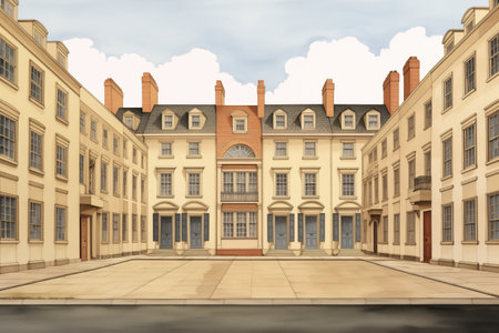 wide shot of georgian townhouses lined up, all with dentil molding, magazine style illustrationの素材