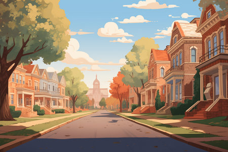 wide-angle shot of a georgian style neighborhood, magazine style illustrationの素材