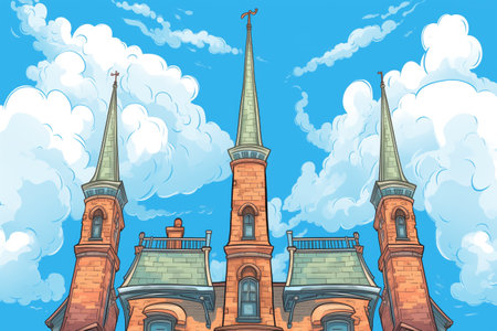 chimneys of gothic revival building against a blue, cloudy sky, magazine style illustrationの素材