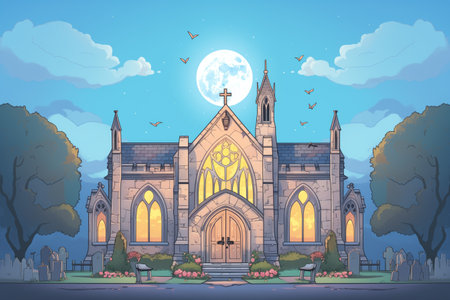 evening shot of a gothic revival church highlighting the rose window, magazine style illustrationの素材