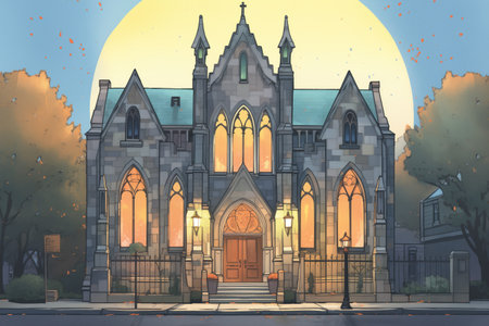 full-frontal view of a gothic revival stone facade lit during twilight, magazine style illustrationの素材