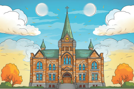 gothic revival courthouse in stone with a picturesque sky behind, magazine style illustrationの素材