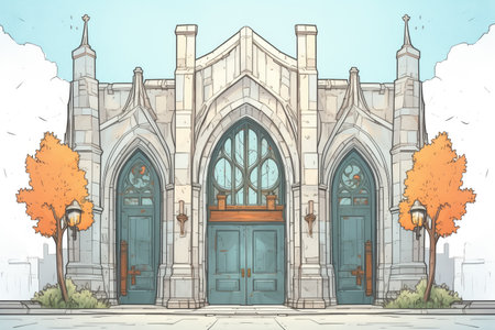 symmetrical shot of the entrance of a gothic revival building, magazine style illustrationの素材