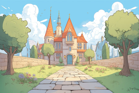 stone pathway leading to a gothic revival house with battlements, magazine style illustrationの素材