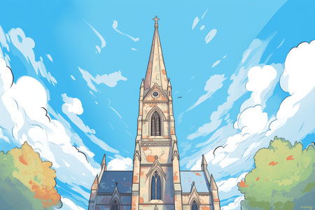 battlement of a gothic revival church against a blue sky, magazine style illustrationの素材