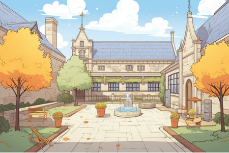 serene courtyard of a gothic revival mansion behind battlements, magazine style illustrationの素材