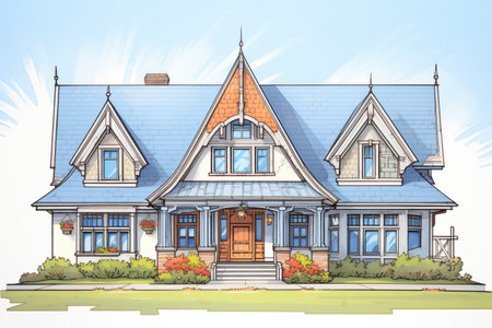 wide-angle view of a gothic revival home showing finials and woodwork, magazine style illustrationの素材