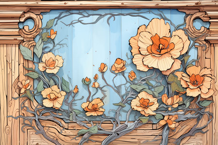 detail of a floral woodwork pattern on a mansions doors, magazine style illustrationの素材