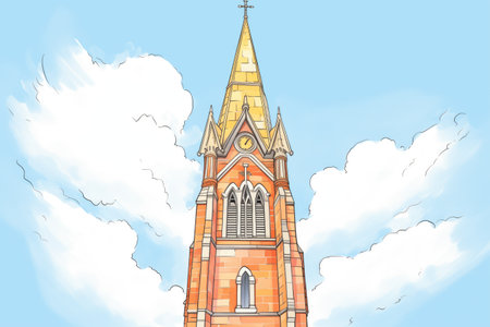 gothic revival tower with decorative finials against clear sky, magazine style illustrationの素材