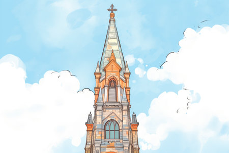 gothic revival tower with decorative finials against clear sky, magazine style illustrationの素材