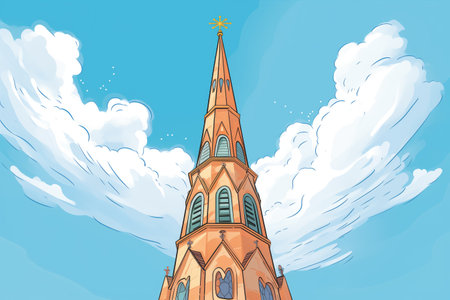 low angle shot of a gothic revival spire with finials, magazine style illustrationの素材