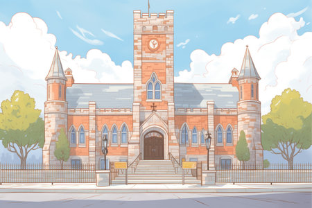 stone exterior of a gothic revival courthouse, magazine style illustrationの素材