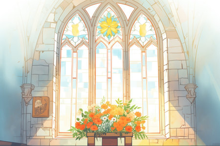 sunlight passing through a pointed arch window in a gothic church, magazine style illustrationの素材