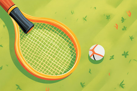 close-up of a single tennis racket on grassの素材