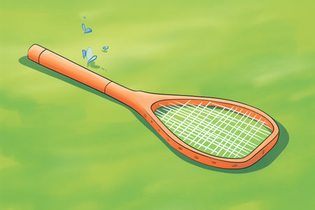 close-up of a single tennis racket on grassの素材